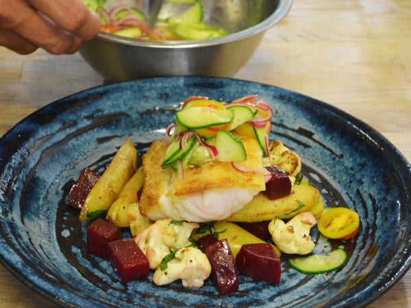 Sauteed Grey Tilefish over Seasonal Vegetables with a Cucumber Salad