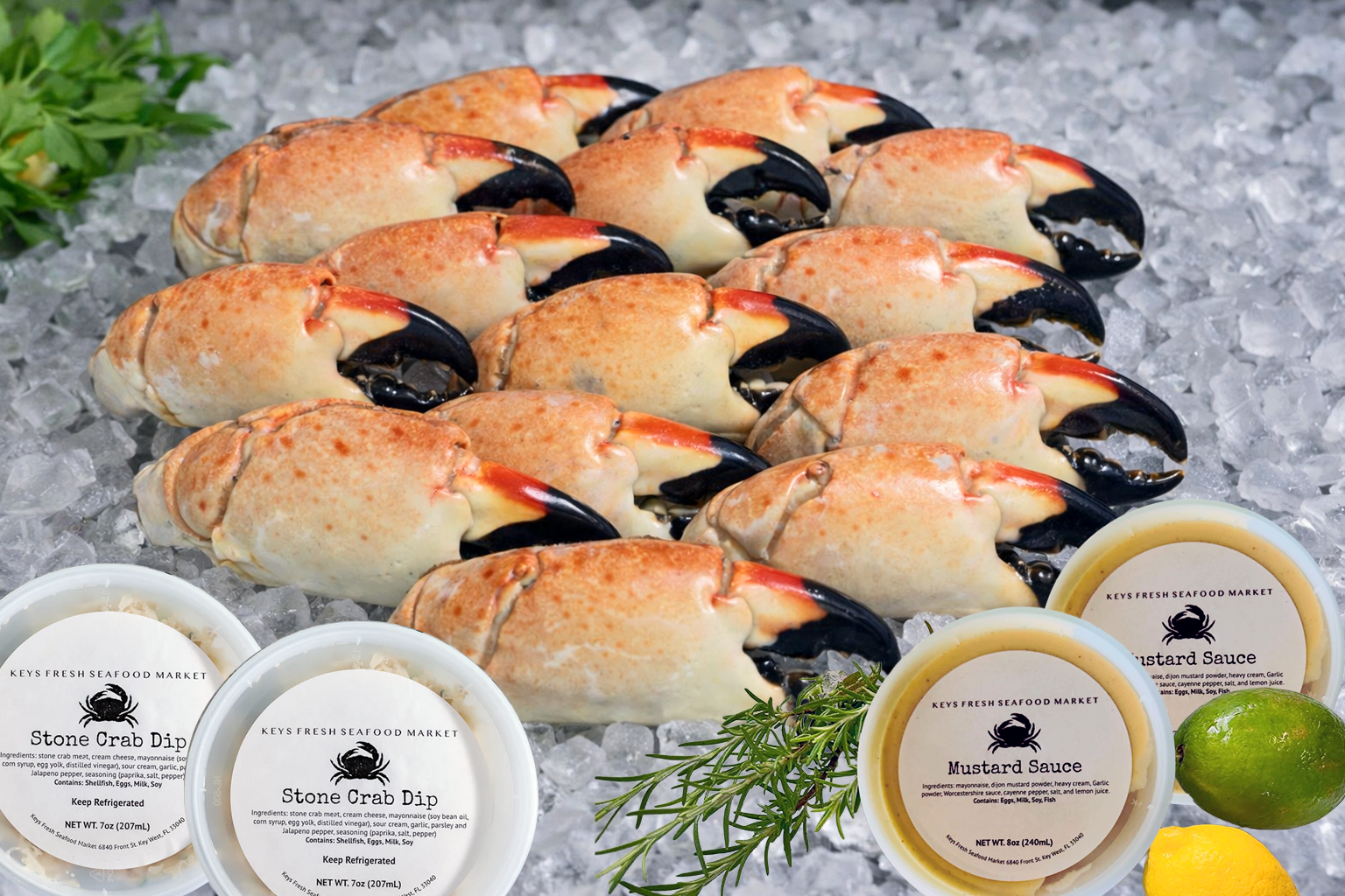 Stone Crab Party Platter - 6 Lb. Large Stone Crab + 2 Stone Crab Dips & 2 Mustard Sauce