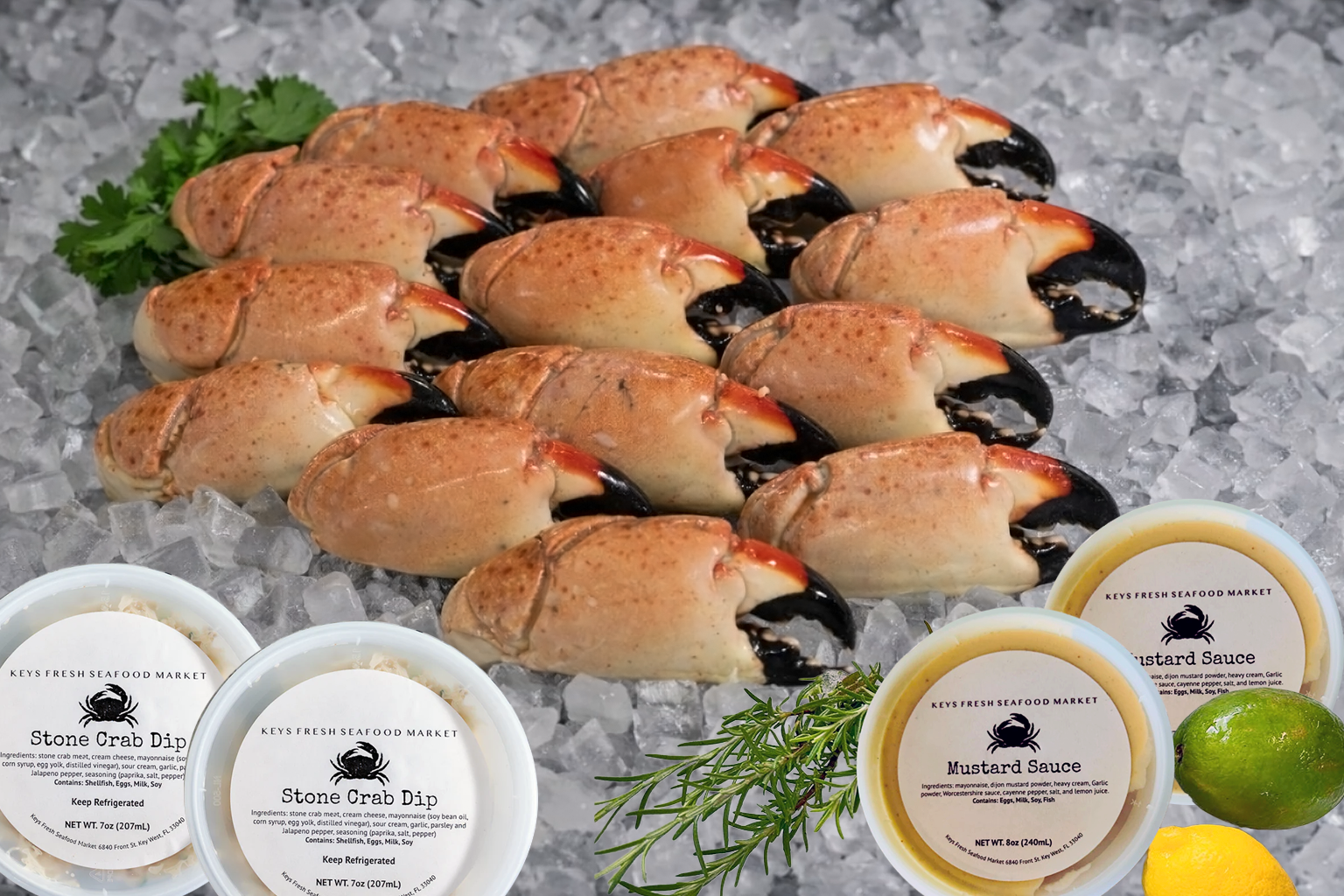 Stone Crab Party Platter - 6 Lb. Med. Stone Crab + 2 Stone Crab Dips & 2 Mustard Sauce